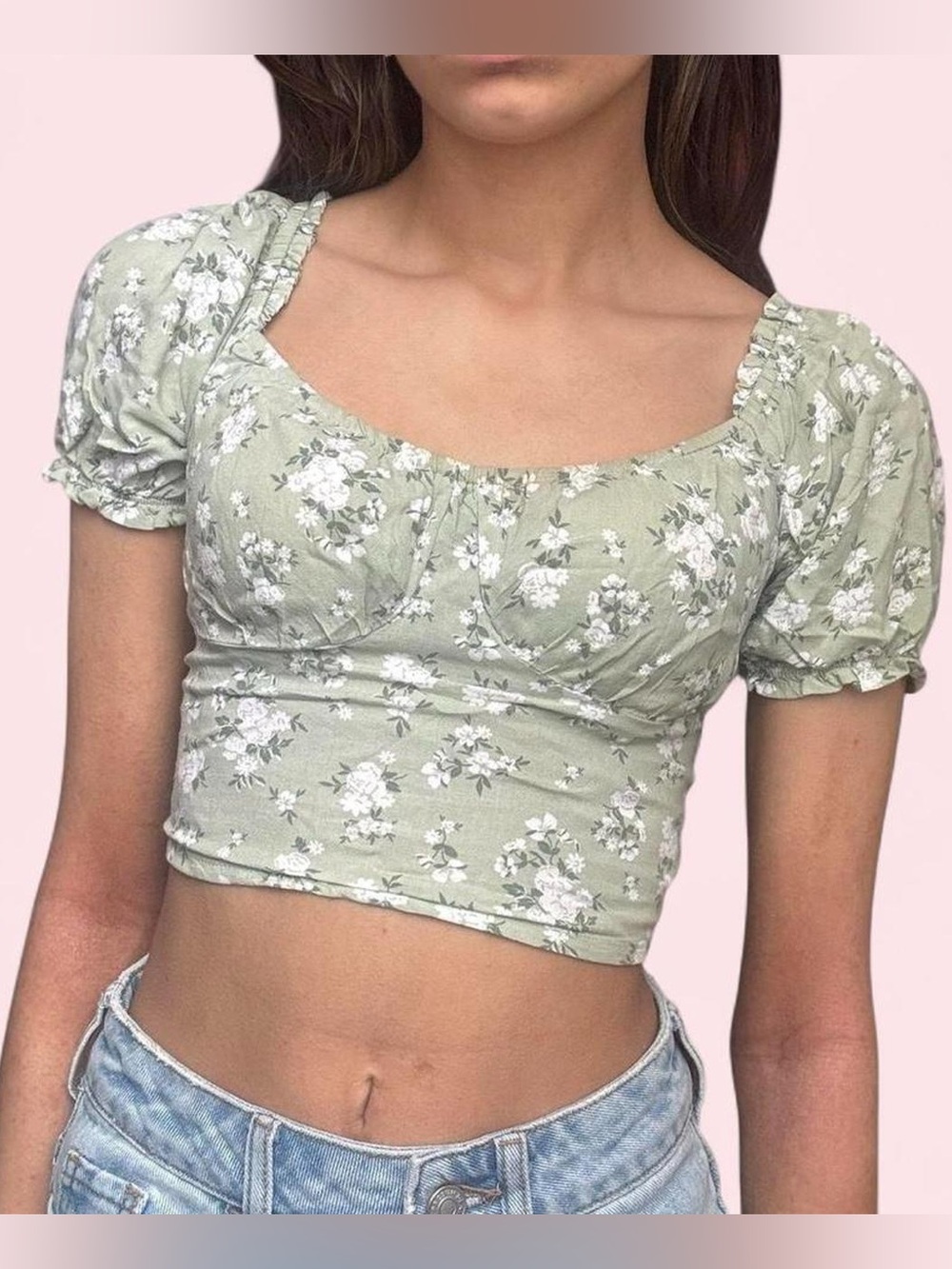 Hollister Green Floral Puff Sleeve Crop Top